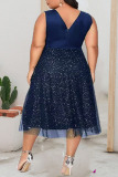Tibetan Blue Sexy Elegant Solid Patchwork V Neck A Line Plus Size Dresses