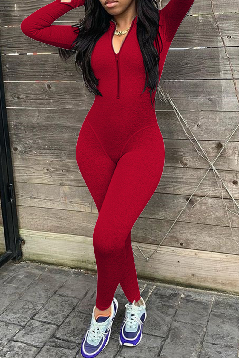 

Red Fashion Casual Solid Basic Zipper Collar Skinny Jumpsuits