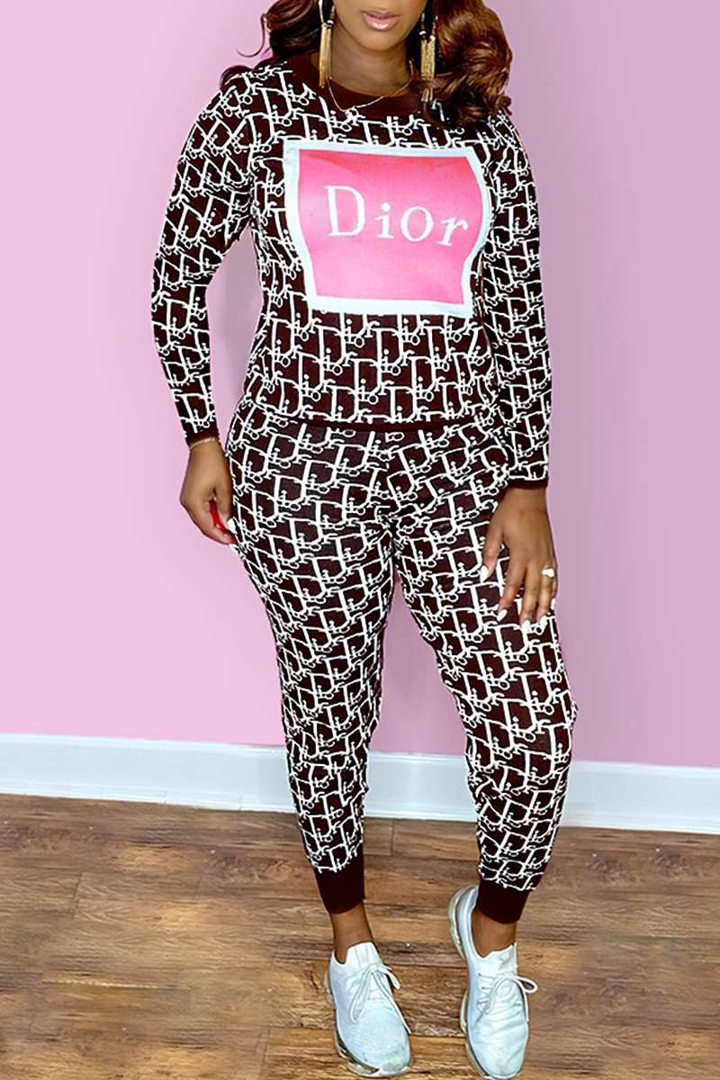 

Burgundy Fashion Casual Print Basic O Neck Long Sleeve Two Pieces