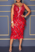 Red Sexy Sequins Split Joint Feathers Slit Spaghetti Strap Sling Dress Dresses