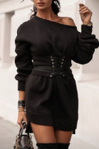 Black Casual Solid Split Joint Frenulum Asymmetrical O Neck Irregular Dress Dresses