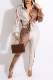White Sexy Print Patchwork Turndown Collar Long Sleeve Two Pieces