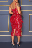 Red Sexy Sequins Patchwork Feathers Slit Spaghetti Strap Sling Dress Dresses