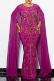 Purple Elegant Solid Patchwork Pearl Hot Drill Straight Dresses