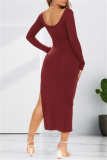 Burgundy Fashion Casual Solid Slit O Neck Long Sleeve Dresses