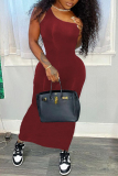Burgundy Sexy Casual Solid Backless One Shoulder Long Dress