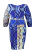 Blue Sexy Print With Belt V Neck Straight Plus Size Dresses