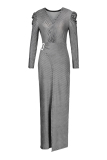 Grey Fashion Casual Solid Patchwork Slit V Neck Evening Dress