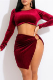 Burgundy Fashion Sexy Solid Hollowed Out Patchwork O Neck Long Sleeve Dresses