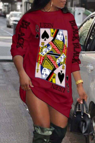 Red Fashion Casual Print Basic O Neck Long Sleeve Dresses