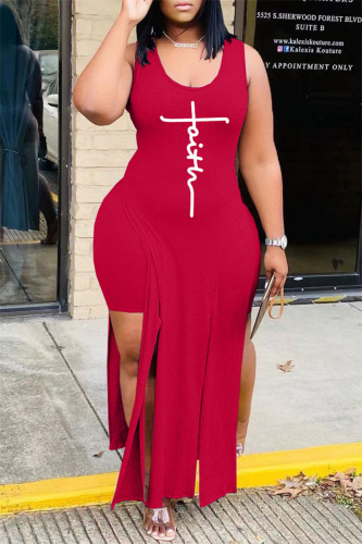 Red Fashion Sexy Print Slit Vests U Neck Sleeveless Two Pieces