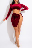 Burgundy Fashion Sexy Solid Hollowed Out Patchwork O Neck Long Sleeve Dresses