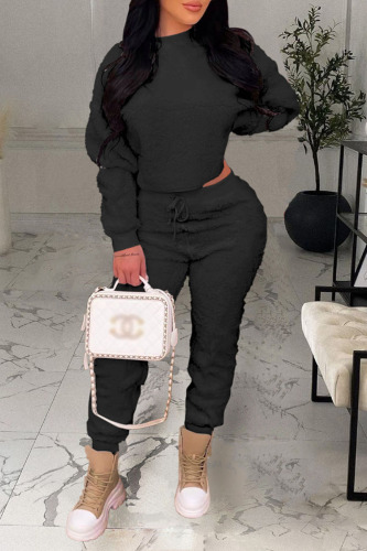 Black Casual Solid Patchwork O Neck Long Sleeve Two Pieces