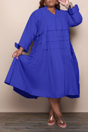 Blue Casual Solid Flounce V Neck Cake Skirt Plus Size Dresses
