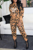 Yellow Casual Print Leopard Patchwork O Neck Long Sleeve Two Pieces