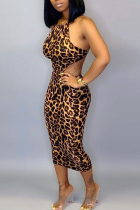 Leopard print Sexy Off The Shoulder Sleeveless O neck Step Skirt Mid-Calf Print hollow out Leopard