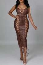 Brown Fashion Sexy Solid Bandage Hollowed Out Backless Square Collar Sling Dress