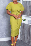 Yellow Fashion Casual Solid Bandage O Neck Pencil Skirt Dresses