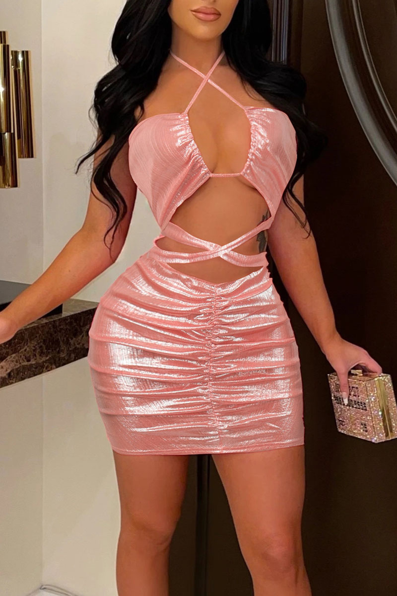 

Pink Sexy Solid Hollowed Out Patchwork Frenulum Backless Fold Halter Pencil Skirt Dresses