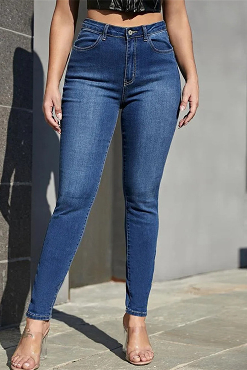 

Deep Blue Fashion Casual Solid Basic High Waist Skinny Denim Jeans