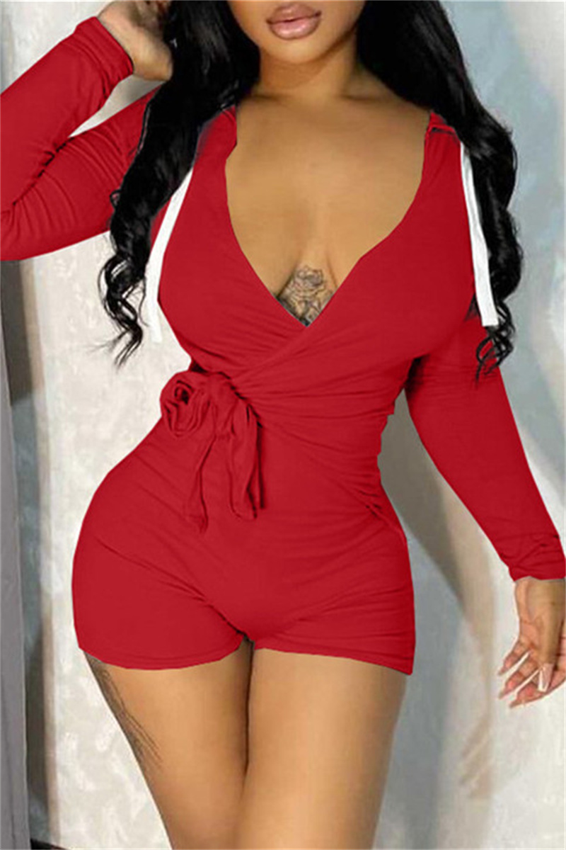 

Red Fashion Casual Solid Bandage V Neck Long Sleeve Skinny Romper