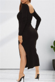 Black Fashion Casual Solid Slit O Neck Long Sleeve Dresses