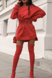 Red Casual Solid Split Joint Frenulum Asymmetrical O Neck Irregular Dress Dresses