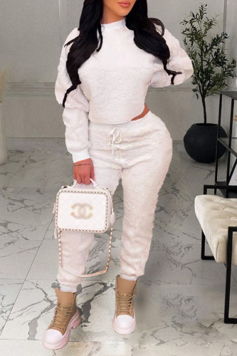 White Casual Solid Patchwork O Neck Long Sleeve Two Pieces