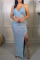 Blue Sexy Solid Bandage Sequins Patchwork Slit Halter Sleeveless Two Pieces