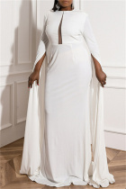 White Fashion Plus Size Solid Split Joint See-through O Neck Evening Dress