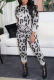 Grey Casual Print Leopard Patchwork O Neck Long Sleeve Two Pieces