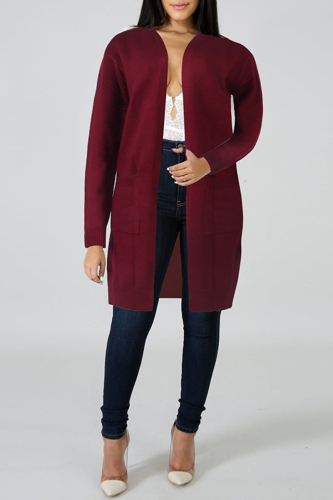 Burgundy Fashion Casual Solid Cardigan Outerwear