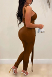 Brown Fashion Sexy Solid Bandage Backless Spaghetti Strap Skinny Jumpsuits
