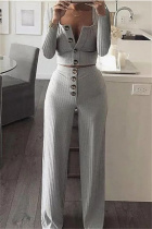 Grey Fashion Casual Solid Buttons Square Collar Long Sleeve Two Pieces