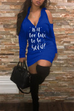 Blue Fashion Casual Letter Print Hollowed Out Hooded Collar Long Sleeve Dresses