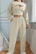 White Fashion Casual Solid Hollowed Out O Neck Long Sleeve Three-piece Set
