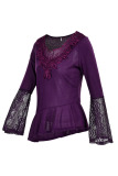 Burgundy Casual Solid Patchwork See-through Asymmetrical O Neck Tops