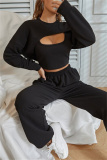 Black Fashion Casual Solid Hollowed Out O Neck Long Sleeve Three-piece Set