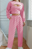 Pink Fashion Casual Solid Hollowed Out O Neck Long Sleeve Three-piece Set