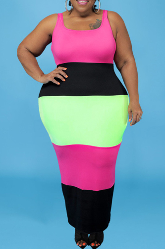 Multicolor Sexy Casual Plus Size Solid Patchwork U Neck Vest Dress