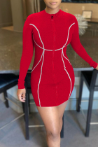 Red Fashion Casual Solid Split Joint O Neck Long Sleeve Dresses