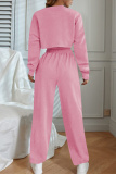 Pink Fashion Casual Solid Hollowed Out O Neck Long Sleeve Three-piece Set