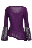 Burgundy Casual Solid Patchwork See-through Asymmetrical O Neck Tops