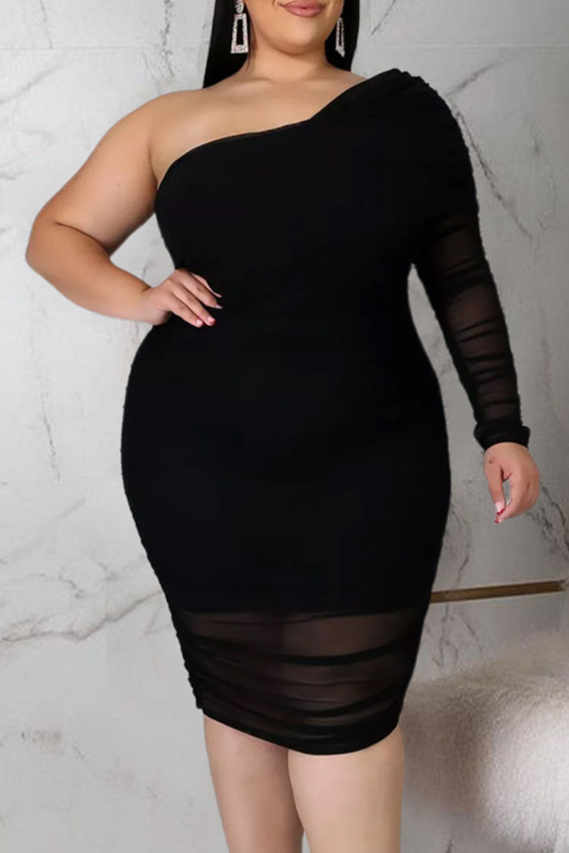 Black Sexy Solid Patchwork Fold Asymmetrical Oblique Collar One Step Skirt Plus Size Dresses