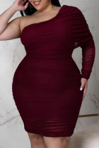 Burgundy Sexy Solid Split Joint Fold Asymmetrical Oblique Collar One Step Skirt Plus Size Dresses