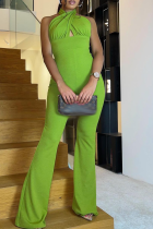Green Sexy Solid Split Joint Halter Boot Cut Jumpsuits