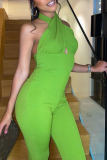 Green Sexy Solid Patchwork Halter Boot Cut Jumpsuits