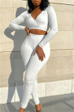 White Fashion Casual Solid Basic V Neck Long Sleeve Two Pieces