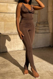 Brown Fashion Sexy Solid Backless Slit Spaghetti Strap Skinny Jumpsuits