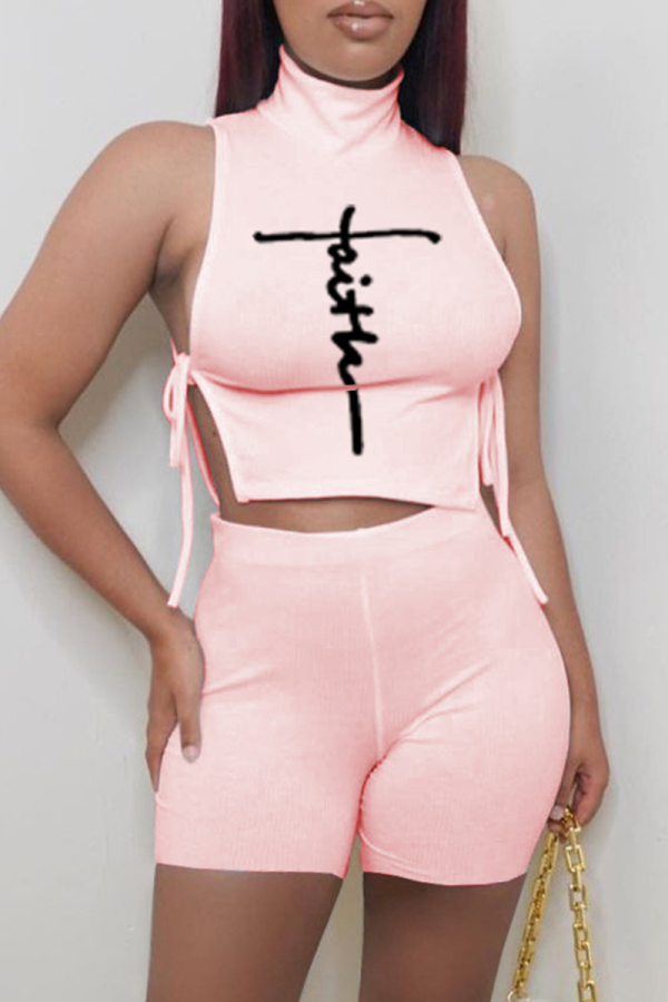 Pink Fashion Casual Print Bandage Turndown Collar Sleeveless Two Pieces
